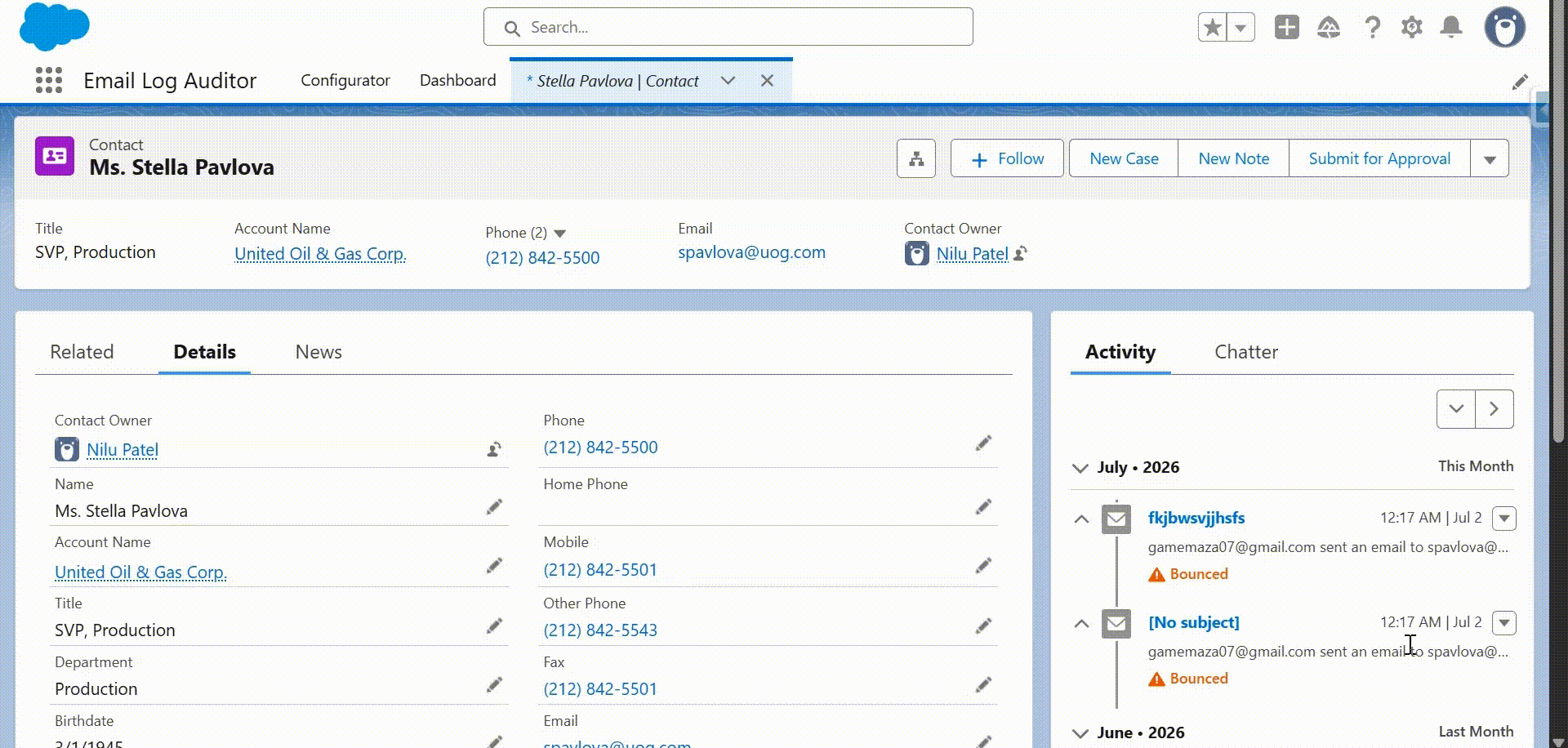 Per-recipient delivery status detail panel in Email Log Auditor showing delivered, bounced, and deferred statuses with SMTP error codes