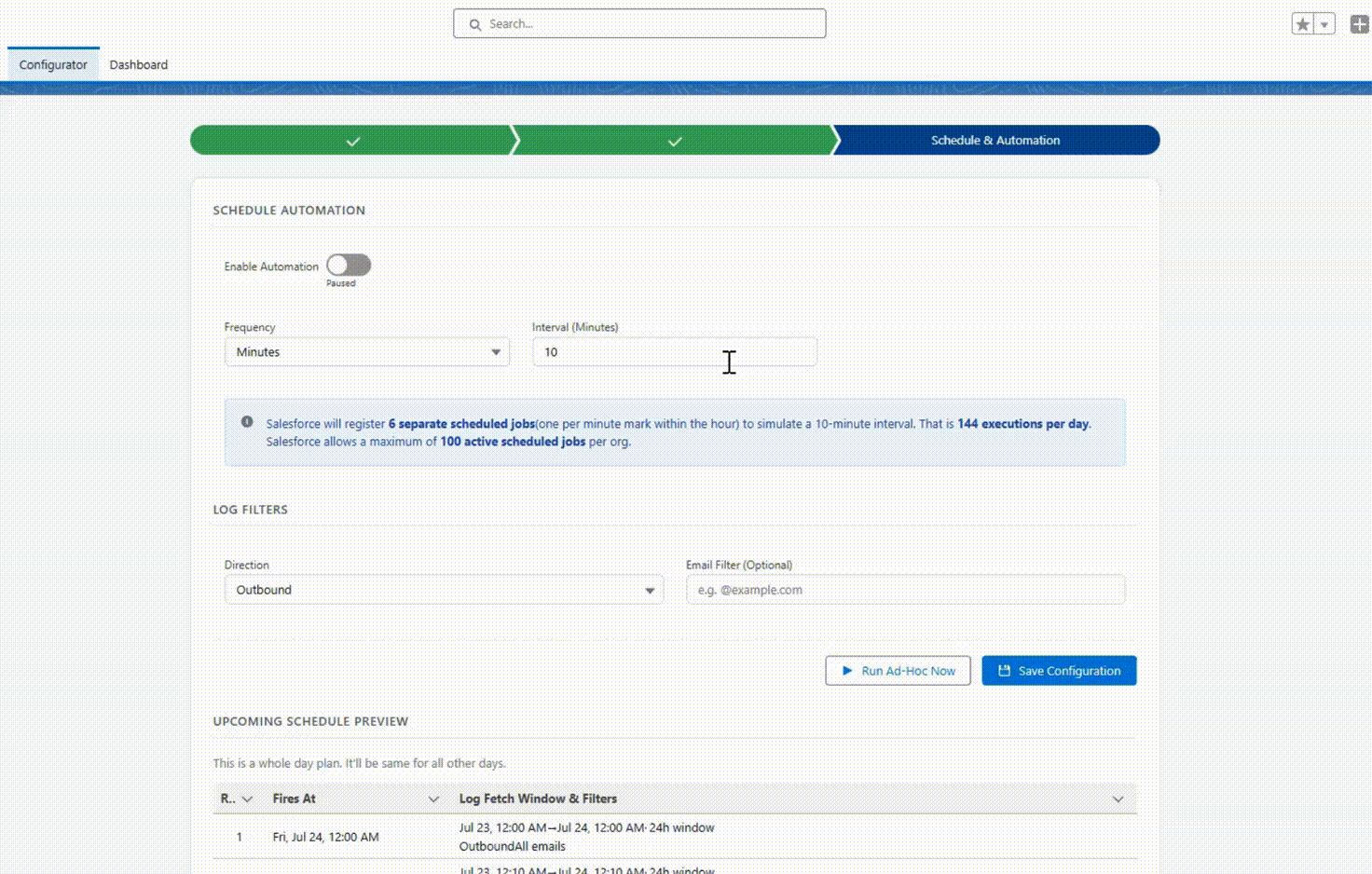 Screen recording of Email Log Auditor configuration panel in Salesforce showing schedule, permission, and log preference settings